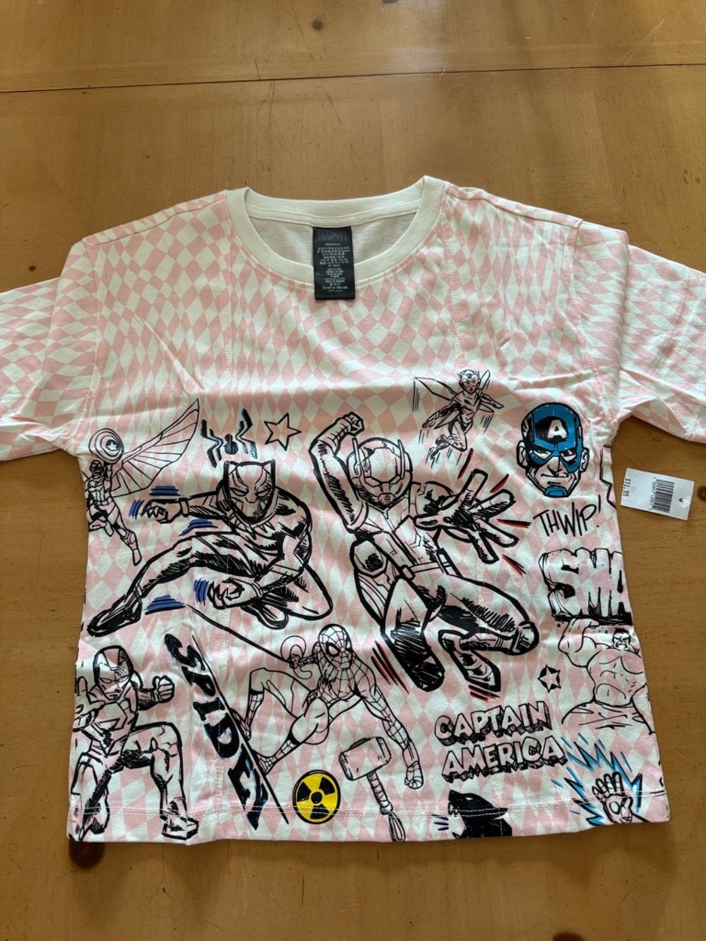 Marvel Pink and White Kids' Short Sleeve Tee with Superhero Sketches